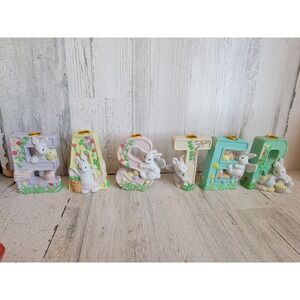 Easter monogram ceramic candlestick holder bunny rabbit set spring home decor